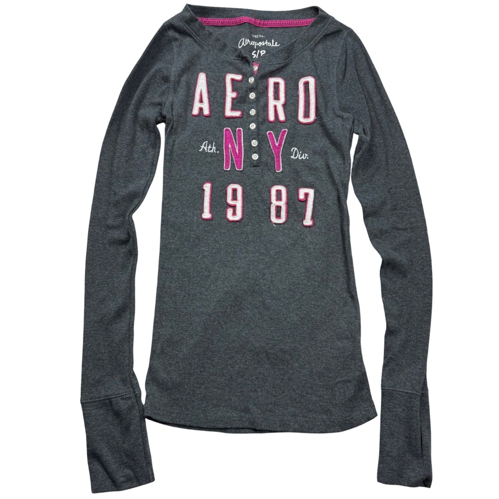 VTG Y2K Aeropostale Gray Waffle Knit Fitted Henley Long Sleeve Aero 1987 Top S